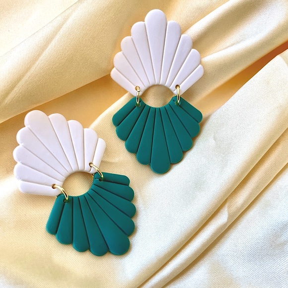 Handmade Modern Clay Earrings | Green & White | 14k Gold Plated Stainless Steel - Picture 3 of 4